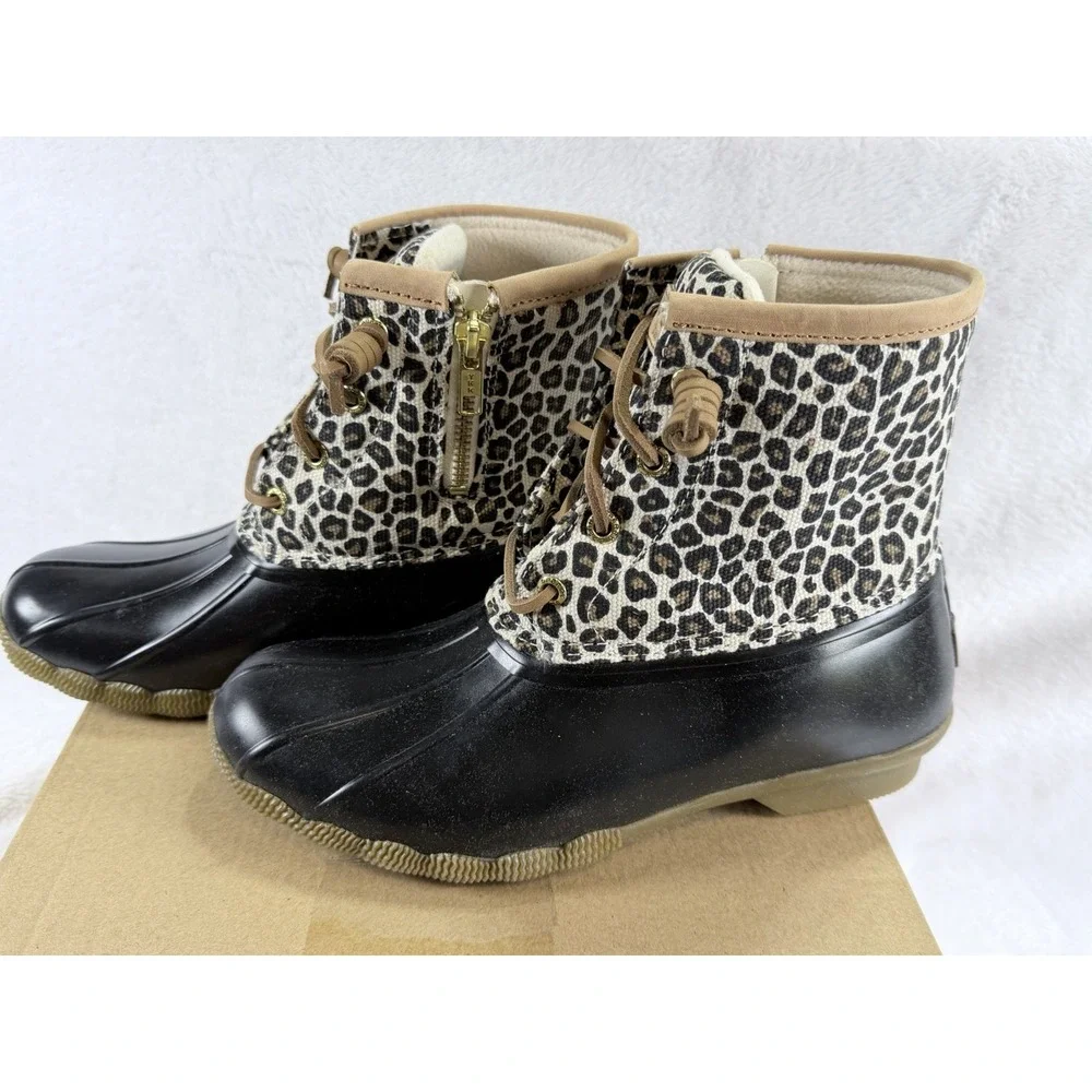 Sperry Saltwater Duck Boots Womens 6.5 Leopard Print Animal Multi STS85919